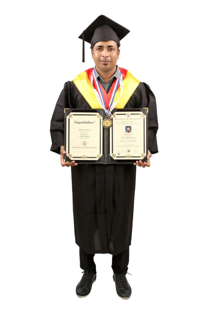 Dr. Mahesh Raja R receiving his honorary Doctorate in Nuclear Physics from Mount Elbert Central University, a recognition of his outstanding contributions to the field of science.