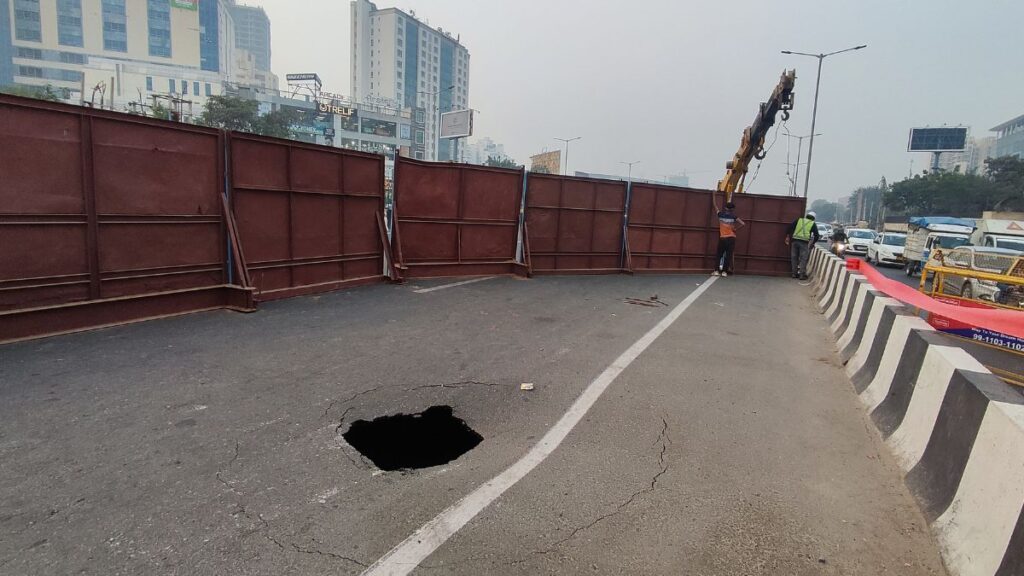 "Road Cave-In on Gurugram-Sohna Flyover Sparks Concerns, Deputy CM Calls it 'Natural Phenomenon'"